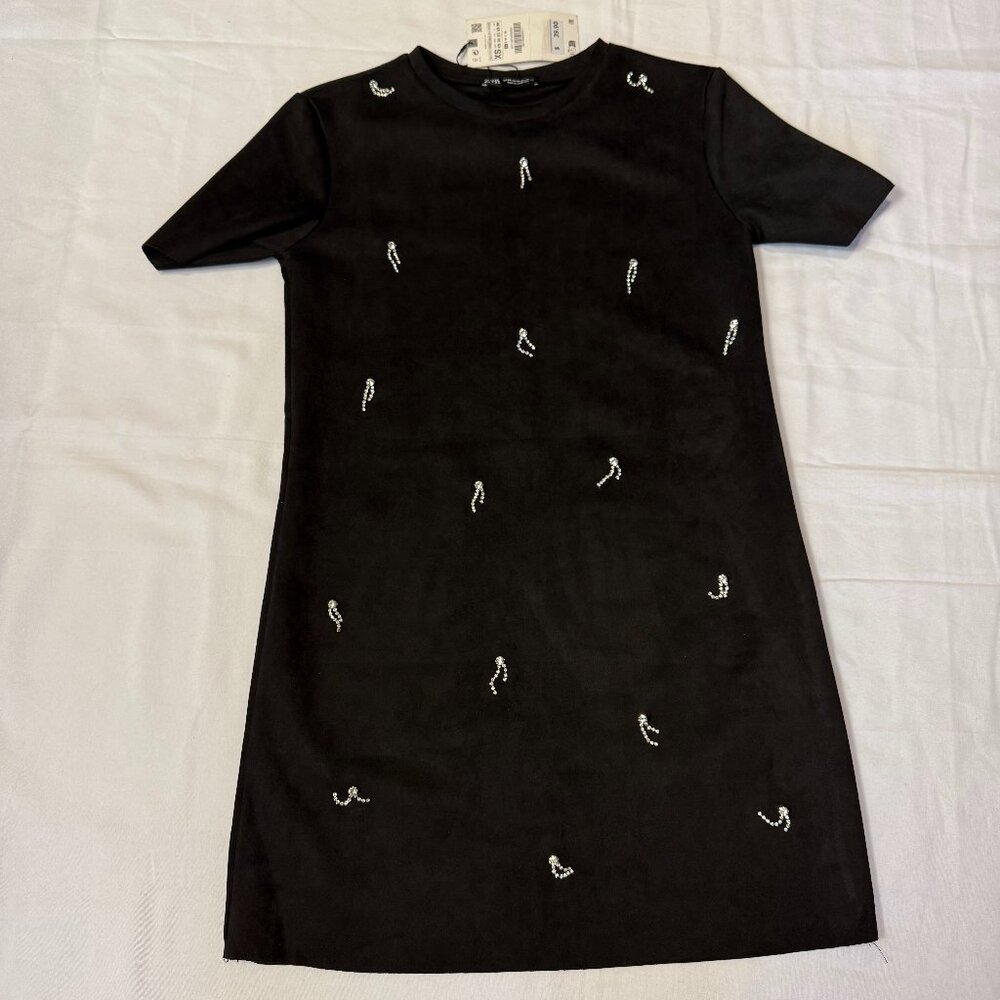 ZARA Black Rhinestone Embellished Mini Dress | Faux Suede Short Sleeve Dress XS